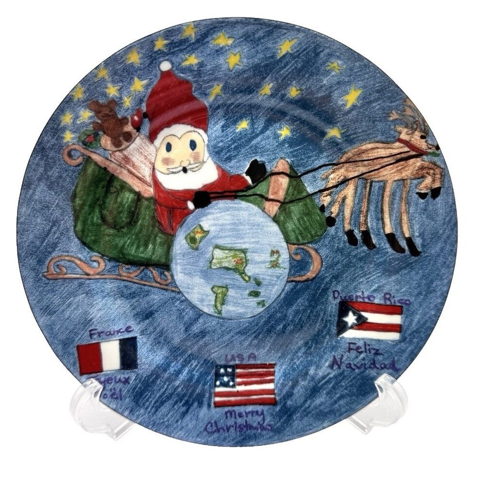 Christmas Village‎ Kids Collection Cookie Plate Santa Sleigh Blue Multi Seasonal